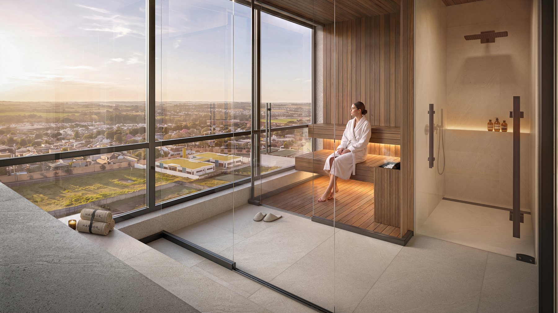 Sauna do spa do Harbor 360° com vista para a cidade