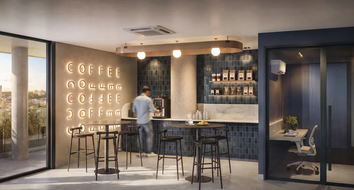 Café lounge e cabines de coworking do Harbor 360°