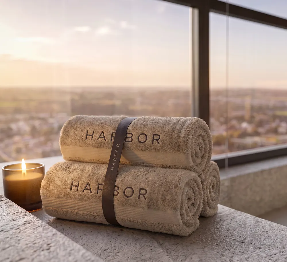Toalhas com a marca HARBOR e vista da cidade ao fundo