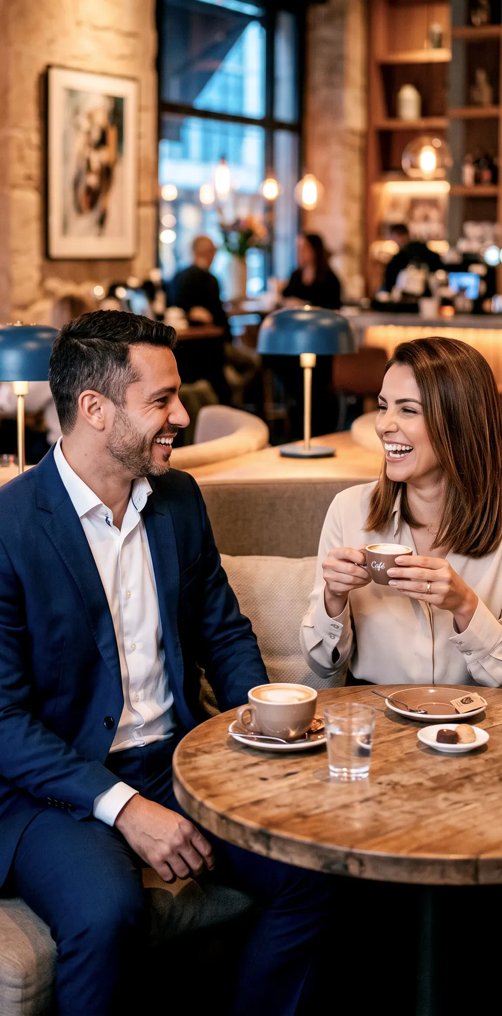 Casal conversando em um café do boulevard do Harbor 360°