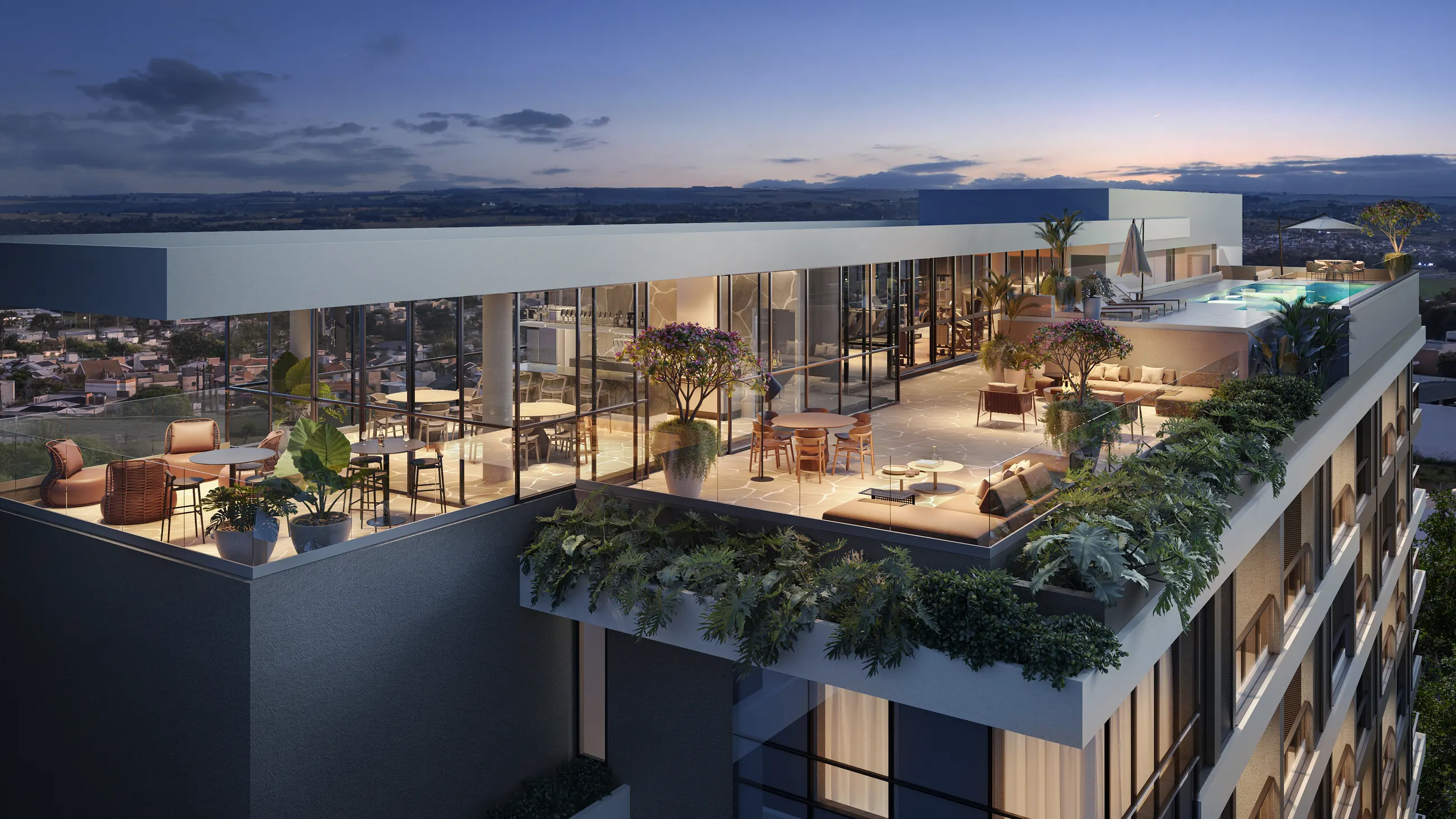 Rooftop do Harbor 360° ao entardecer, com piscina, lounge e vista da cidade
